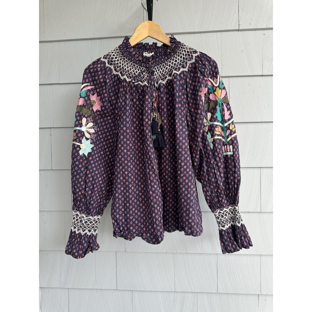 Figue Embroidered Peasant Blouse M Blue Floral Mirror Work Tassel Boho Cotton